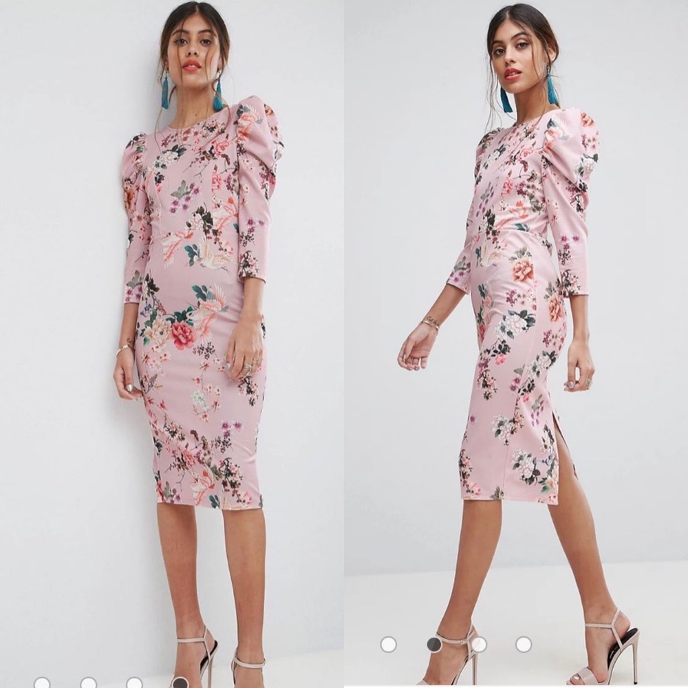 ASOS Floral Print Midi Dress with Puff Sleeves